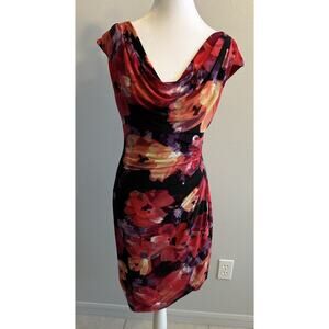 VTG 90s Ralph Lauren Dress Floral Red Ruched Cowl Hawaiian Resort Garden Party S